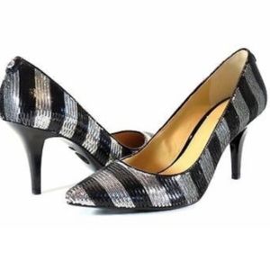 Michael Kors Black and Silver Striped Sequined Heel, Size 9